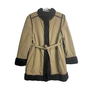 Vintage 70s Boho Khaki Belted Coat Brown Faux Fur Lining Metallic Gold Piping M